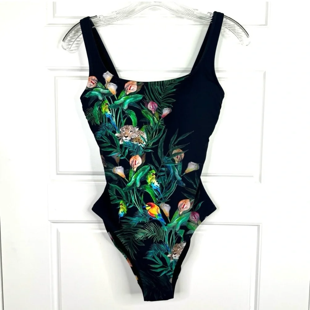 JOHNNY WAS Calla Lily Printed One Piece Swimsuit NEW Size S Black Green